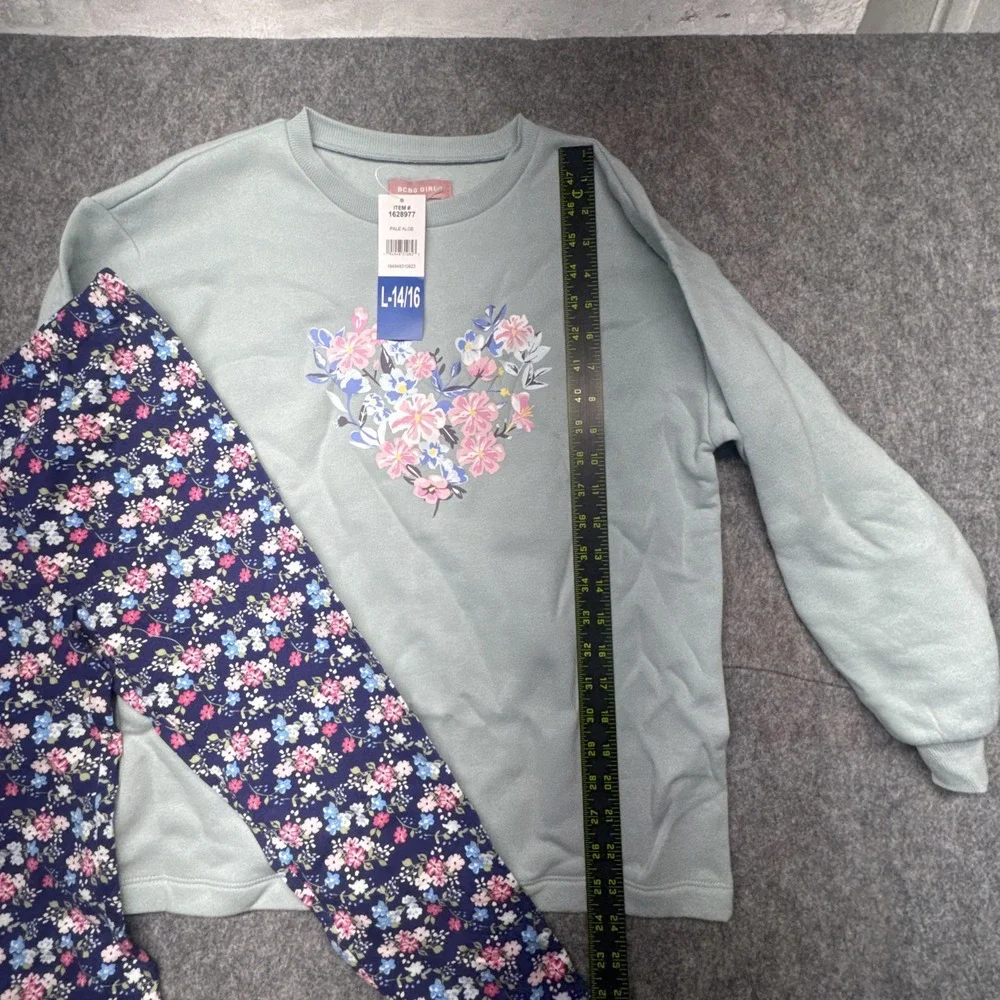 BCBG Girls 2pc Set Pale Aloe Sweatshirt Floral Leggings Size L 14/16 1628977 NEW